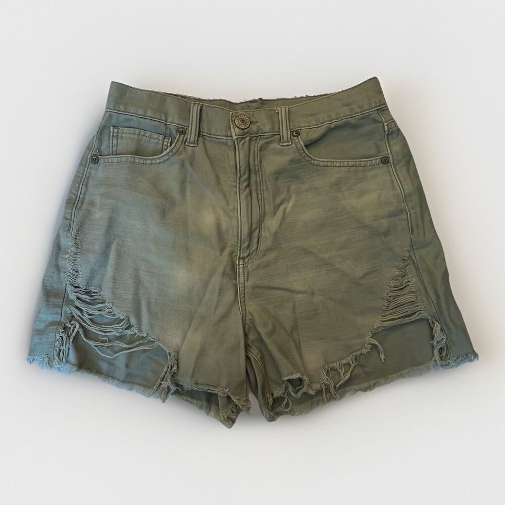American Eagle Olive Green Distressed Denim Shorts High Rise Cut Off Womens Sz 6